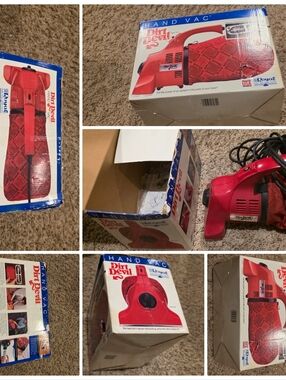 Vintage red Royal Dirt Devil handheld vacuum cleaner, model 103. Includes box.